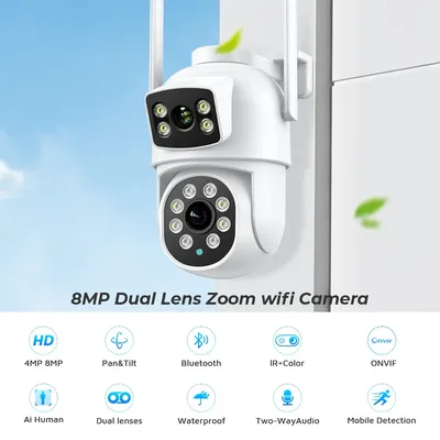 Outdoor Wireless Security IP Kamera 4K 8MP HD Dual Objektiv Externe Wifi PTZ Kamera Auto Tracking Straße Überwachung Kamera iCsee