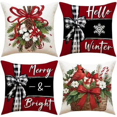 4 Stück Weihnachts-Kissenbezüge 45 x 45 cm, florale LKW-Winter-Kissenbezüge, Weihnachtsferien, saisonale Kissenbezüge für Zuhause, Sofa, Dekoration Image