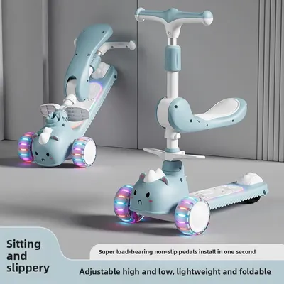 2-In-1 Children's Scooter Baby Kickboard 3 Height Adjustable 3-Wheel Music Light Foldable Micro Kcik Scooter Boy Girl Ages 2-10