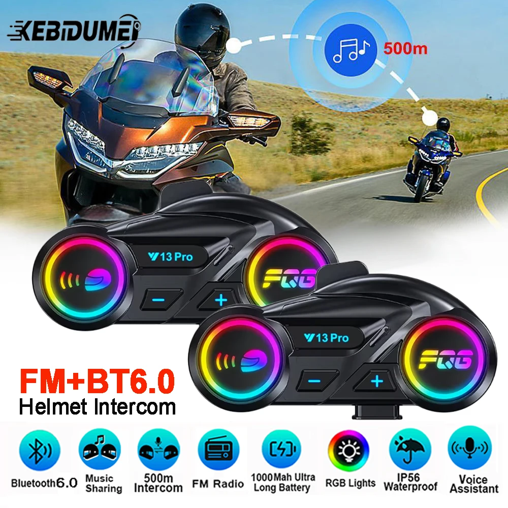 Motorradhelm-Gegensprechanlage 500M V6.0 Bluetooth-Gegensprechanlage FM & Musik Teilen Headset Freisprechanruf Rauschunterdrückung Wasserdicht Image