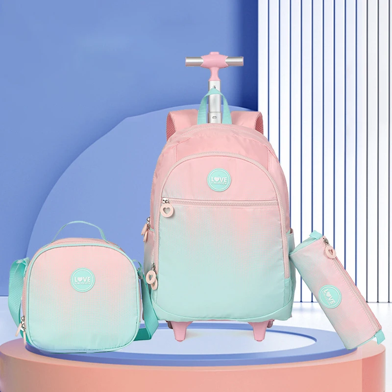 Ensemble de sac à dos d'école sac à dos roulant pour filles étudiants sac à dos à roulettes sac d'école à roulettes sac de livre de bagage de voyage à roulettes