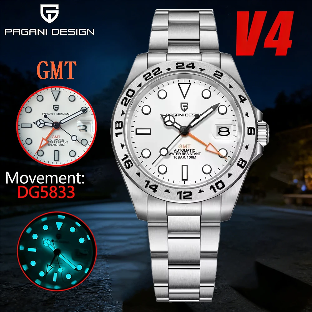 PAGANI DESIGN 2026 Neue Herren Automatik-Mechanische GMT-Uhr Edelstahl V4 Saphirglas Wasserdicht Leuchtende Uhr für Männer Reloj Image