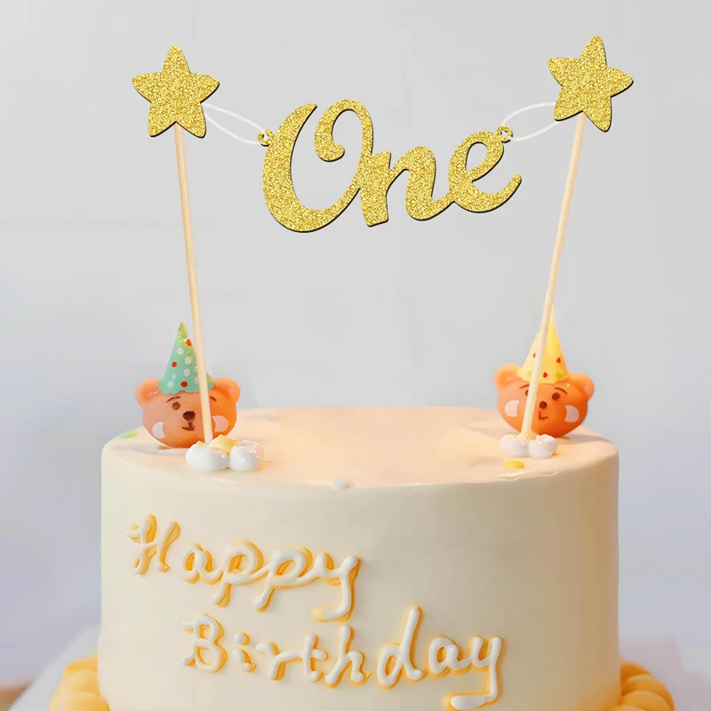 YOMDID One Banner Babyparty-Kuchenaufsatz für die erste Geburtstagsdekoration, One Birthday Party-Kuchenaufsatz mit Stern, Mini-Wimpelkette Image