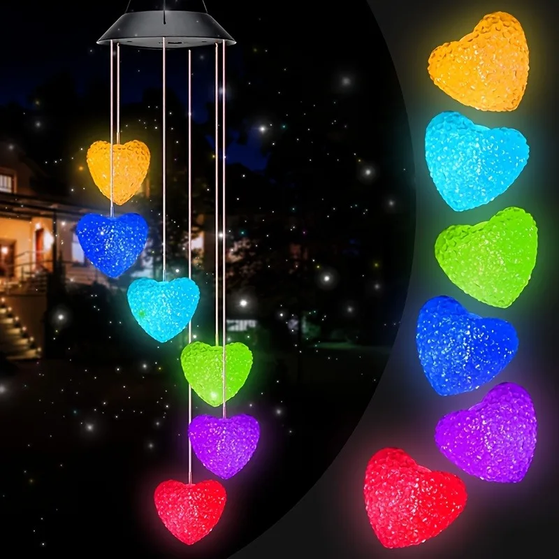1PC Solar LED Wind Chime Colorful Heart-Shaped Hanging Lamp Outdoor Garden Landscape Decor Festive Christmas Lighting