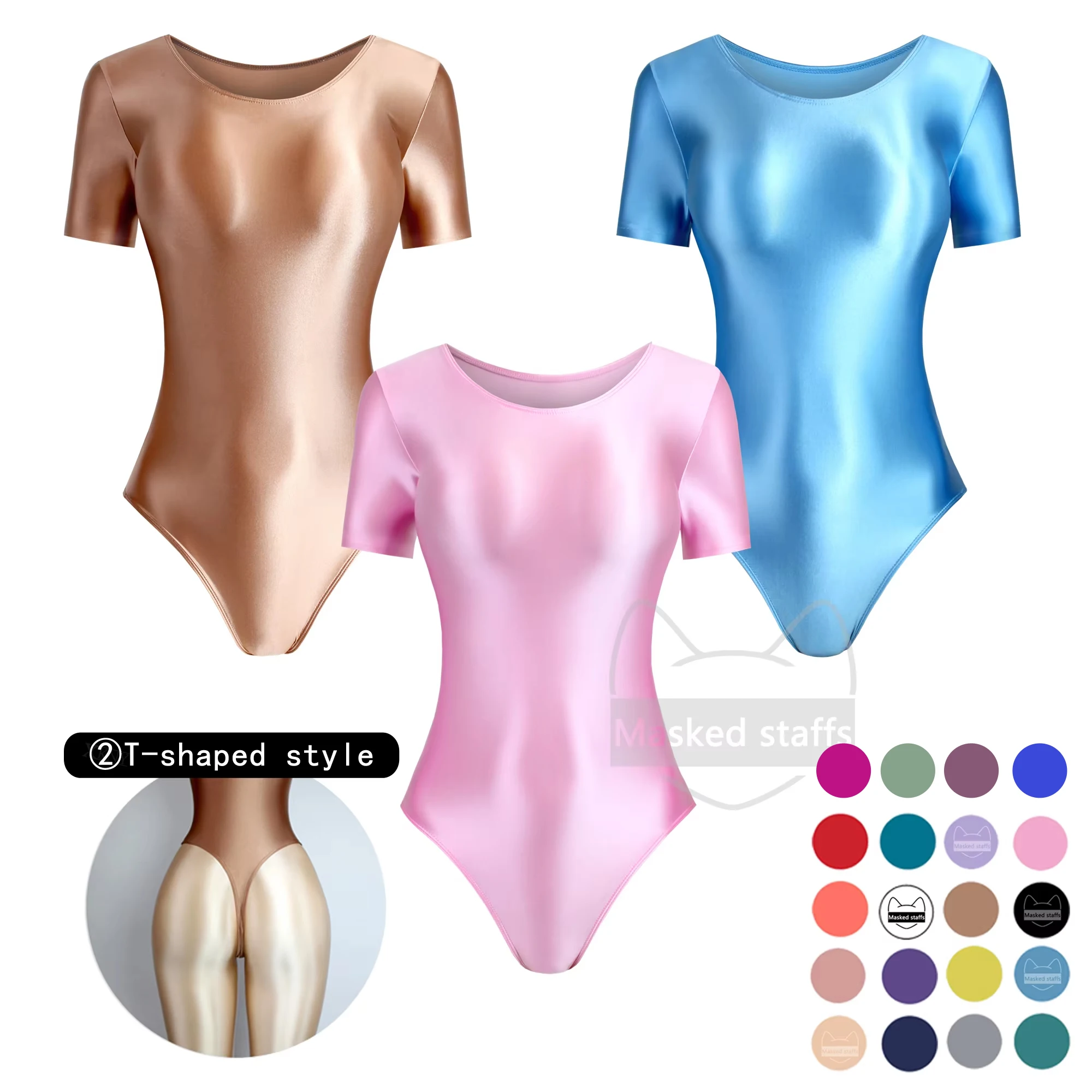 Neuer sexy seidig glänzender einteiliger Badeanzug mit hoher Gabel und kurzen Ärmeln, Strumpfhosen, öliger Strampler, Body mit Rundhalsausschnitt und T-Rücken-Boden