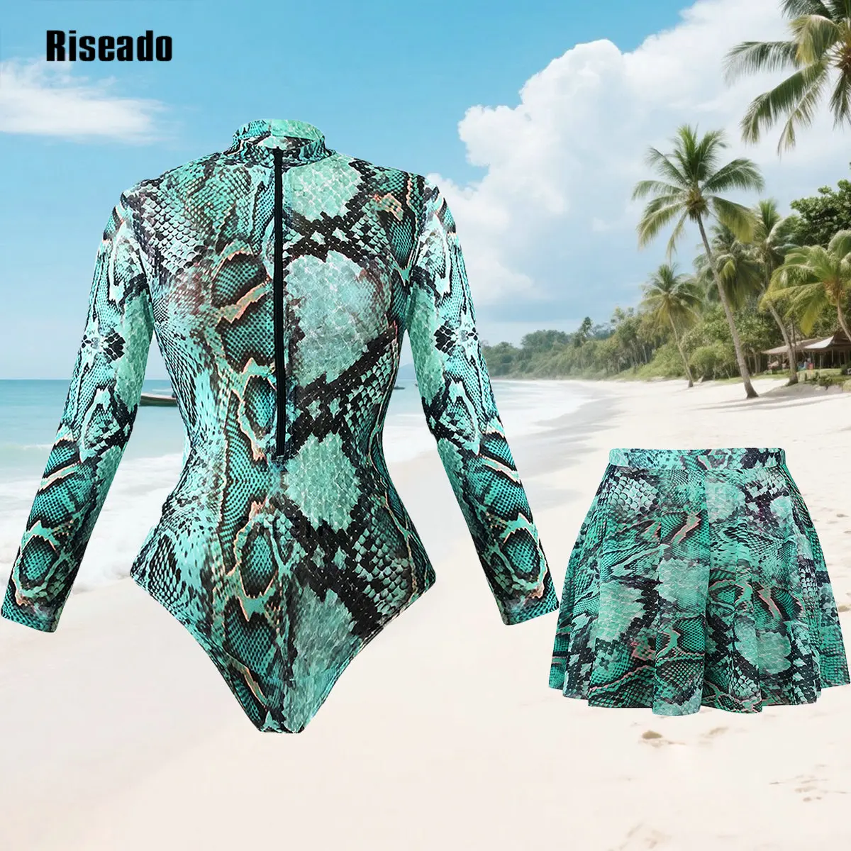 Netz-Badeanzug mit langen Ärmeln, sexy, einteiliger, schlankmachender Badeanzug mit Rock und langer Hose, Bodysuit, intelligente Strandkleidung Image