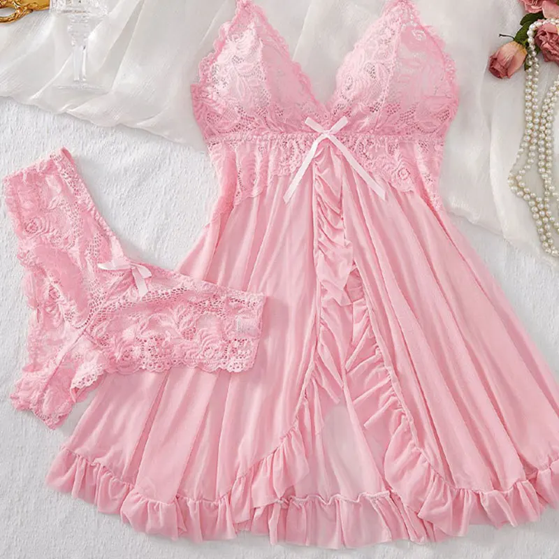 Reggicalze Abito estivo Camicia da notte ultrasottile Perizoma in pizzo Set Pigiama sexy da donna Lingerie Abito da notte caldo Indumenti da notte comodi