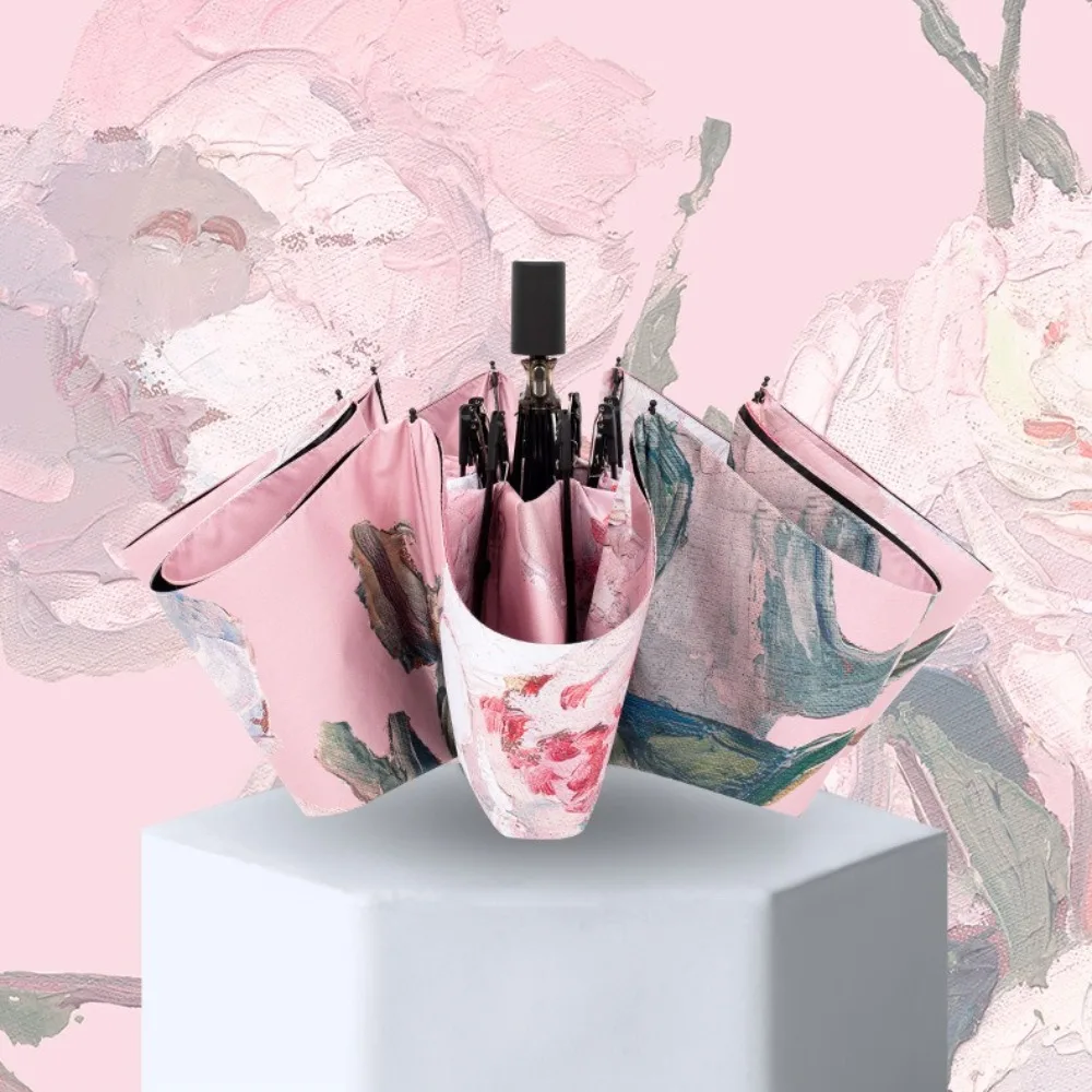 Flacher Sonnenschirm mit modischem Druck, Taschen-Regenschirm, hochwertige Mini-Tasche, faltbar, innovatives Design des doppellagigen bedruckten Regenschirms Image