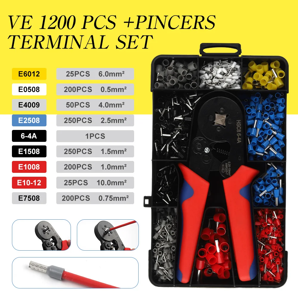 1200PCS Selbst Einstellbare VE Rohr Terminal Kits Werkzeug Zange Set Kabel Ende Schnürsenkel Aderendhülsen Draht Kabel Crimper Crimpen 6-4A/6-6A Image