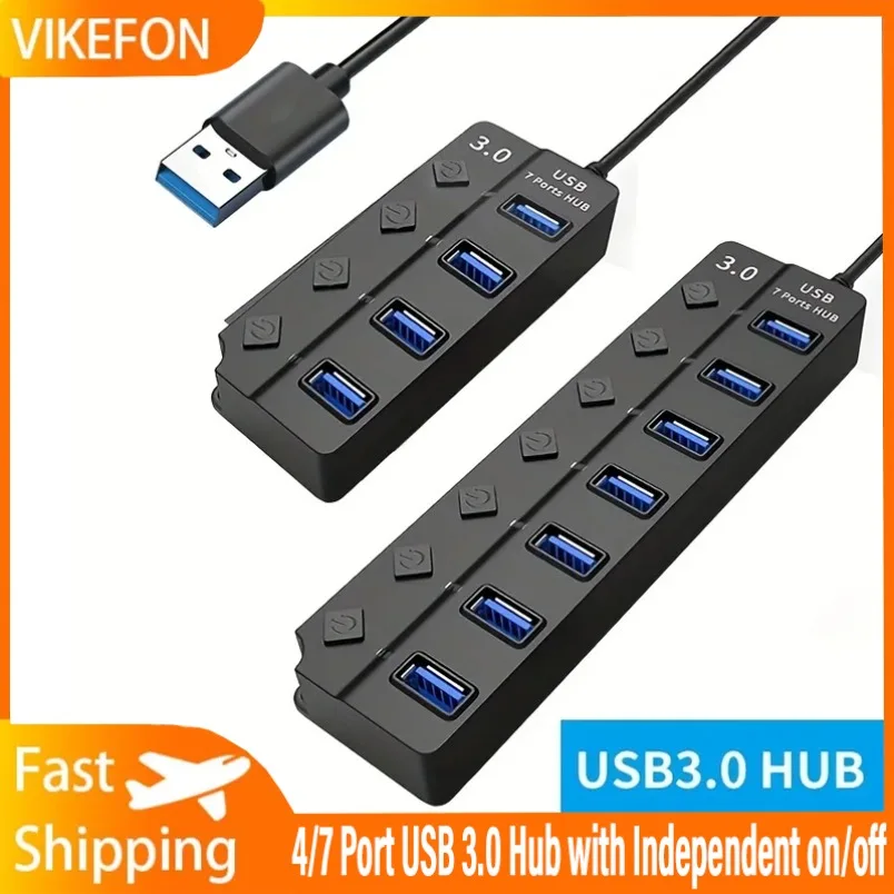 Mit unabhängigem Ein/Aus-USB 3.0-Hub, 5 Gbit/s, hohe Geschwindigkeit, 7/4 Ports, Splitter, USB-Hub, Multi-Expander-Schalter zum Aufladen von PC-Telefonen Image
