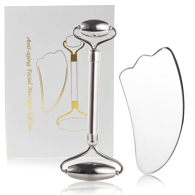 2-teiliges Gesichtsroller-Gua-Sha-Brett-Set aus Edelstahl, Gesichtsmassagegerät, praktisches Souvenir, für gute Freunde Image