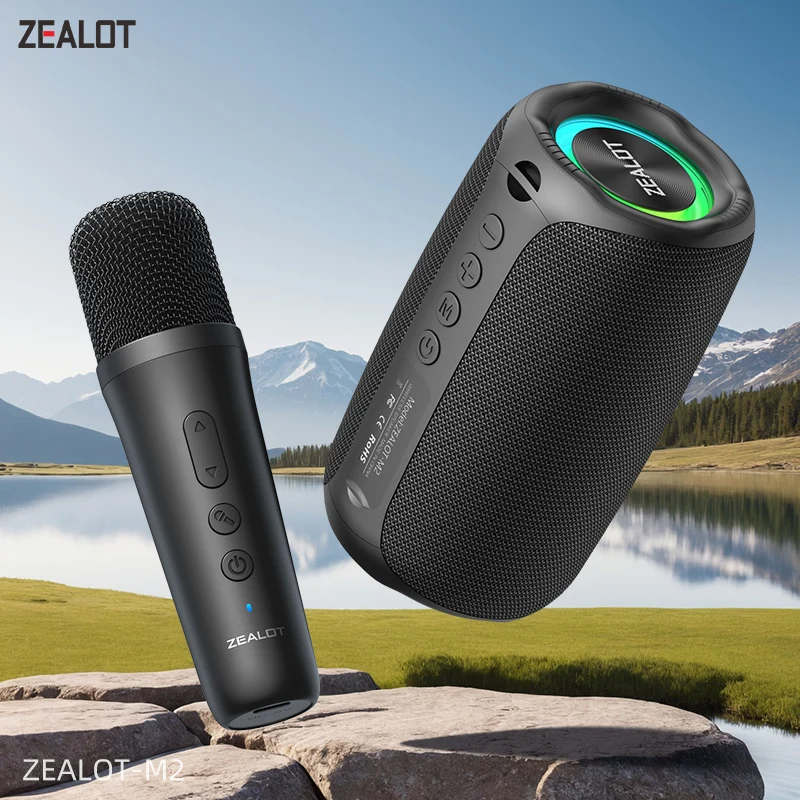ZEALOT-M2m Karaoke-Maschine, tragbarer Bluetooth-Lautsprecher mit 1–2 kabellosem Mikrofon, Outdoor-Lautsprecher für Camping, Wandern Image