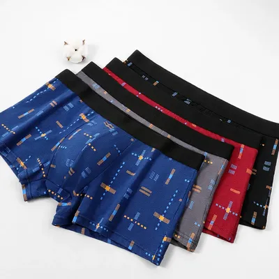 4PCSHerrenunterwäsche, antibakterielle flache Hose aus reiner Baumwolle, atmungsaktive, bedruckte, dünne, große, kurze Sommerhose, komplett aus Baumwolle Image