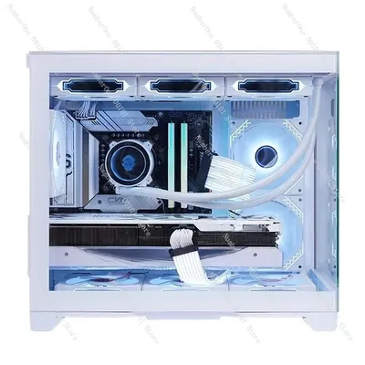 360-Wassergekühltes Computergehäuse, reinweißes Design für Gaming-PCs, lange Seitenansicht mit Karte für maximalen Luftstrom Image