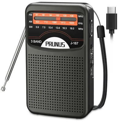 PRUNUS J-167 Portable Radio AM FM SW with 500mAh Rechargeable Battery UsB-c charging Handheld Radio Walkman 3w speaker