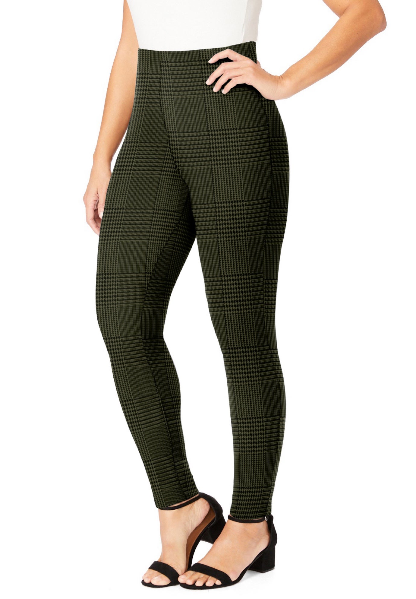 Plus Size Women's Everyday Stretch Cotton Legging by Jessica London in Dark Olive Green Glen Plaid (Size 12)