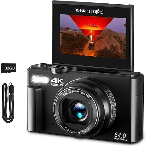 4K-Digitalkamera für Fotografie, 64-MP-Vlogging-Kamera für YouTube mit 3.180-Grad-Klappbildschirm, 18-fachem Digitalzoom, Point-and-Shoot-Kamera mit 32-GB-Micro-SD-Karte für Anfänger