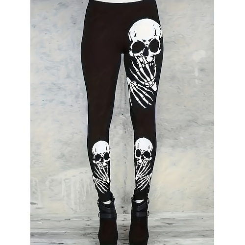 Damen Leggings Urlaub Vintage Mode Knöchellang Hohe Taille Grafik Totenkopf Druck Soft Atmungsaktiv Dehnbar Formal Outdoor Urlaub Schwarz Frühling Herbst Winter Slim Fit Image