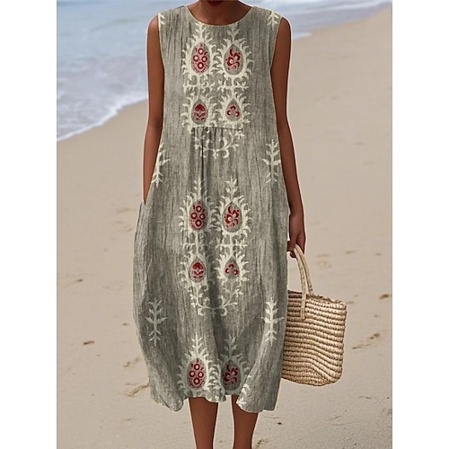 Damen Midi Kleid Leinenähnliches Sommerkleid Shift Kleid A-Linien Kleid Urlaub Freizeit Boho Ausgehen Strand Lockerer Schnitt Floral Grafisch Geometrisch Ärmellos Rundhalsausschnitt Pink Rot Blau Image