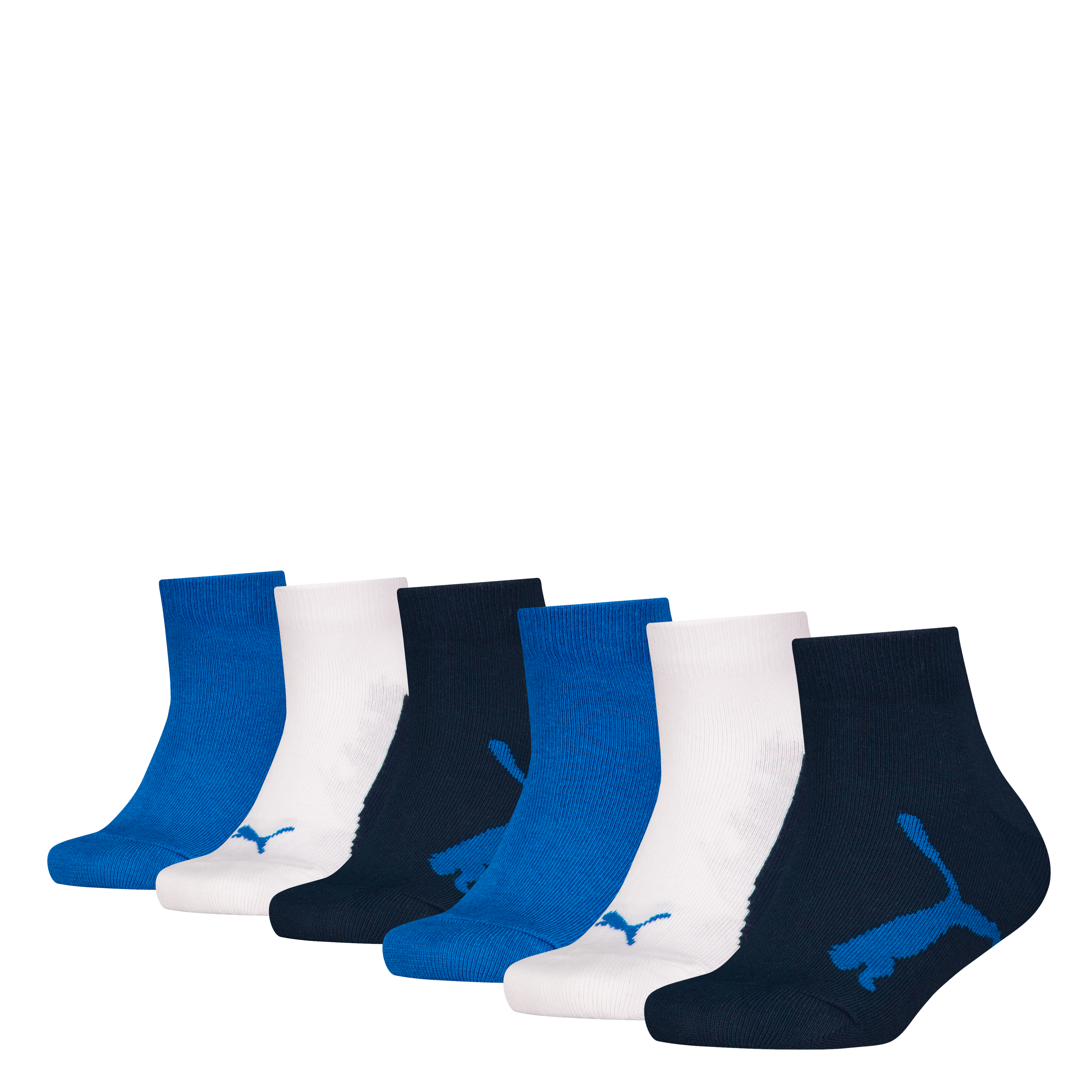 Kurzsocken PUMA "PUMA KIDS BWT QUARTER 6P ECOM", Kinder, Gr. 39-42, weiß (navy, weiß, strong blau), Baumwollmischung, normal, Socken, mit lebhaftem Farbdesign Image