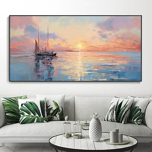 handgefertigtes Ölgemälde auf Leinwand, Wandkunst, Dekoration, modern, abstrakt, Sonnenaufgang, Segelboot, Meereslandschaft, für Wohnzimmer, Heimdekoration, gespannter Rahmen, hängendes Image
