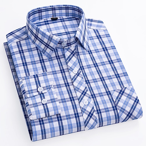 Herren Hemd Kleidhemd Kragenhemd Knopfhemd Kariert / Gestreift / Zickzack / Rund Alltagskleidung Geschäftskleidung Gelb Rote Dunkelmarine Blau Langarm Hemdkragen Ganzjahres Bekleidung Schnalle Image