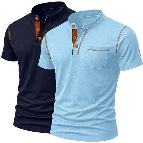 Herren Henley Hemd T-Shirt Kurzarm Einfarbig Einfach Einheitliche Farbe Lässig Tasche 2 teilig Knöpfe Henley Outdoor Lässig Täglich Sommer Frühling Herbst Ganzjahres 1 2 3 Henley T-Shirt Image
