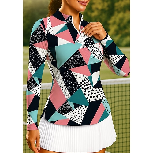 Per donna Geometrico Top Polo da golf Maglia da tennis Felpa da tennis Manica Lunga Stampato Zip a un quarto Pullover UPF50 Protezione UV Elastico Traspirante Pallavolo Tennis Golf Collo alla