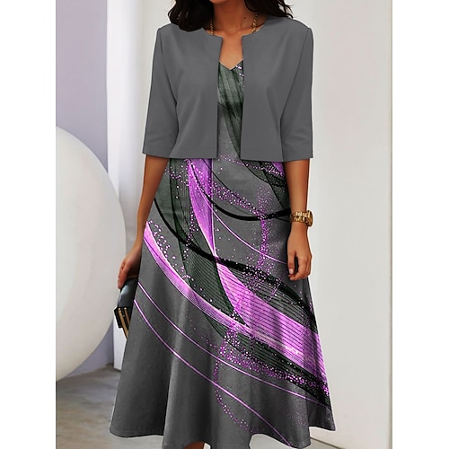 Damen Kleid-Set A Linie Kleid Sommerkleid Lässig Halbformelle Kleider Ombre Grafik Druck Midikleid Halbarm V Ausschnitt Urlaub Formell Blau Gelb Purpur Frühling Herbst Normale Passform Image