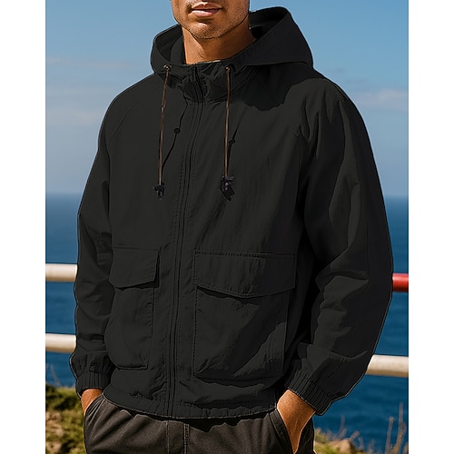 Herren Kapuzenjacke Outdoorjacke Taschen Langarm Oberteil Athleisure Herbst Einfarbig Wasserdicht UPF50 Outdoor Joggen Laufen Sportbekleidung Sportkleidung Schwarz Grün Dunkelblau Image