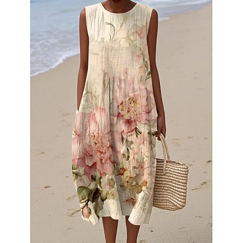 Damen Midi Kleid Leinenähnliches Sommerkleid Shift Kleid A-Linien Kleid Urlaub Freizeit Boho Strand Ausgehen Lockere Passform Floral Grafik Ärmelos Rundhalsausschnitt Rosa Lila Grün cremefarben Image