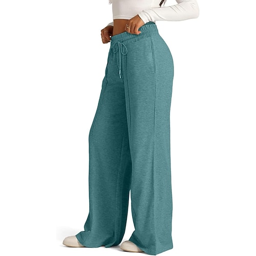 Damen Weites Bein Stoffhosen Streetwear Lässig Volle Länge Natürliche Taille Einfach Tasche Elastisches Kordelzugdesign Bequem Straße Alltagskleidung Wochenende Dunkelgrau Aprikose Dunkelbraun Schwarz Image