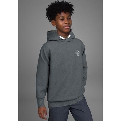 Kapuzensweatshirt H.I.S "Kapuzenhoodie mit Badge", Jungen, Gr. 164/170, grau (anthrazit meliert), Sweatware, Obermaterial: 60% Baumwolle, 40% Polyester, sportlich, Basic, Langarm Rippbündchen, Sweatshirts, NEU: HIS für TEENS Hoodie mit kleinem Badge Image