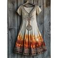 Musikfestival Damen Midikleid Freizeitkleid T-Shirt-Kleid Sommerkleid A Linie Kleid Urlaub Lässig Boho Strand Normale Passform Grafik Blatt Batik Kurzarm V Ausschnitt Rosa Blau Orange Grün Sommer