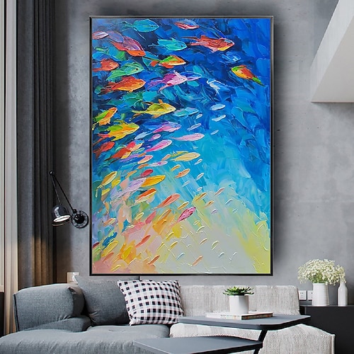 Mintura handgefertigte Ölgemälde mit Fischschwarm auf Leinwand, Wandkunst, Dekoration, modernes abstraktes Strukturbild für die Inneneinrichtung, gerolltes, rahmenloses, ungedehntes Gemälde Image