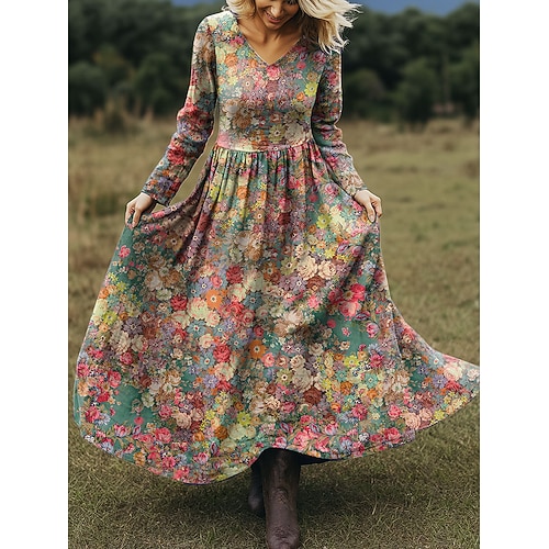 Damen Maxikleid A Linie Kleid Urlaub Lässig Boho Strand Normale Passform Blumen Grafik Paisley-Muster Langarm V Ausschnitt Rosa Rote Blau Grün Frühling Herbst Image