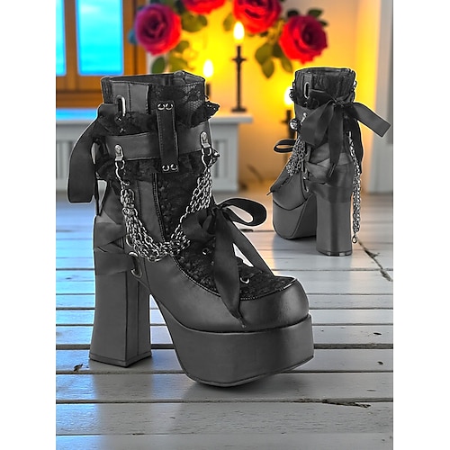 Gothic Plateau Stiefeletten für Damen – Samt-Schnürstiefel mit Ketten und Schnallen für Halloween, Cosplay und Punk-Partys Image