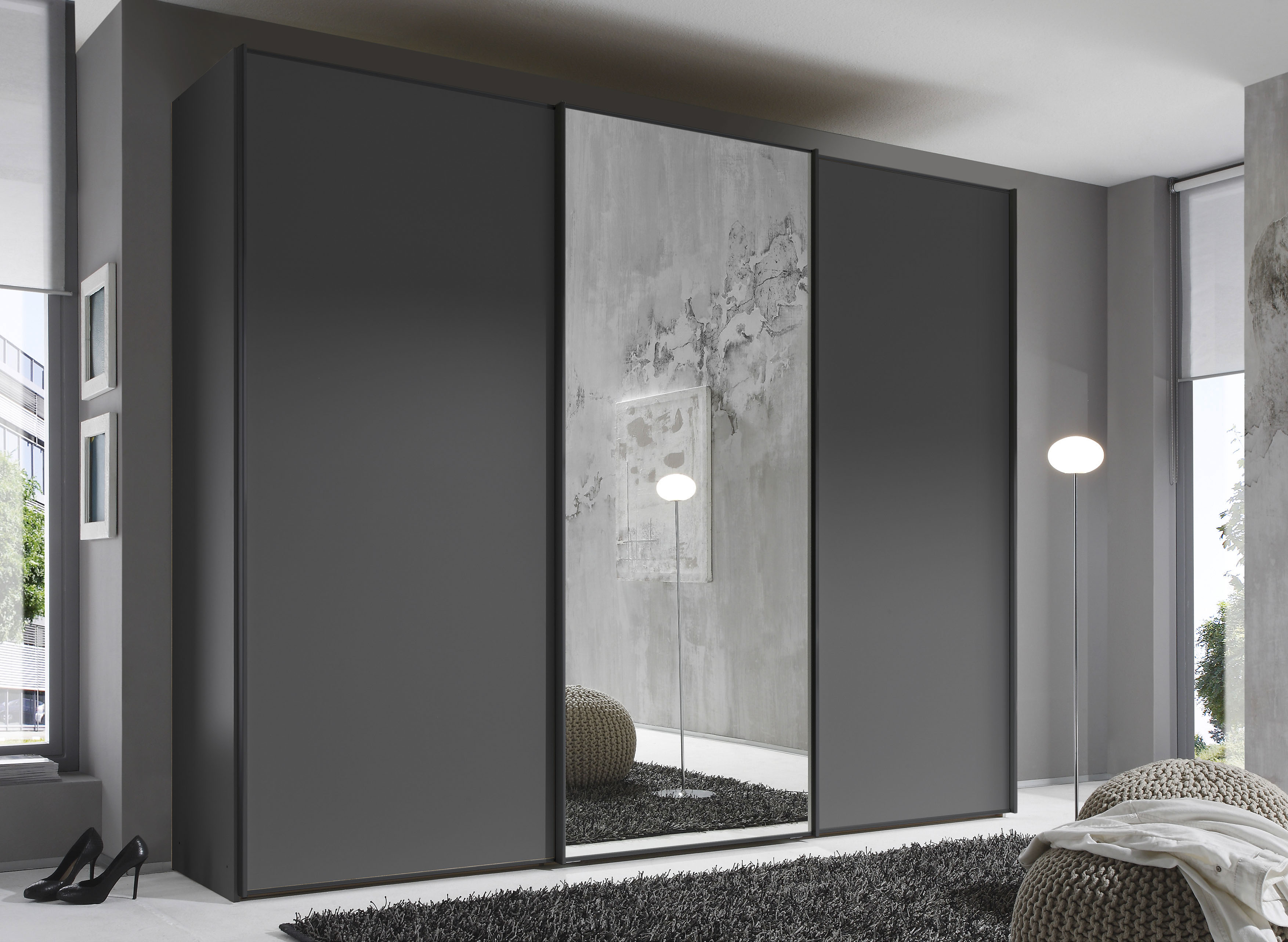 Schwebetürenschrank STAUD "Sinfonie Plus, edles Design in hochwertiger Qualität, Made in Germany", vulkan, B:298cm H:240cm T:68cm, Holzwerkstoff, Schränke, Mit Spiegeltür und vier verschiedenen Ausstattungsvarianten Image
