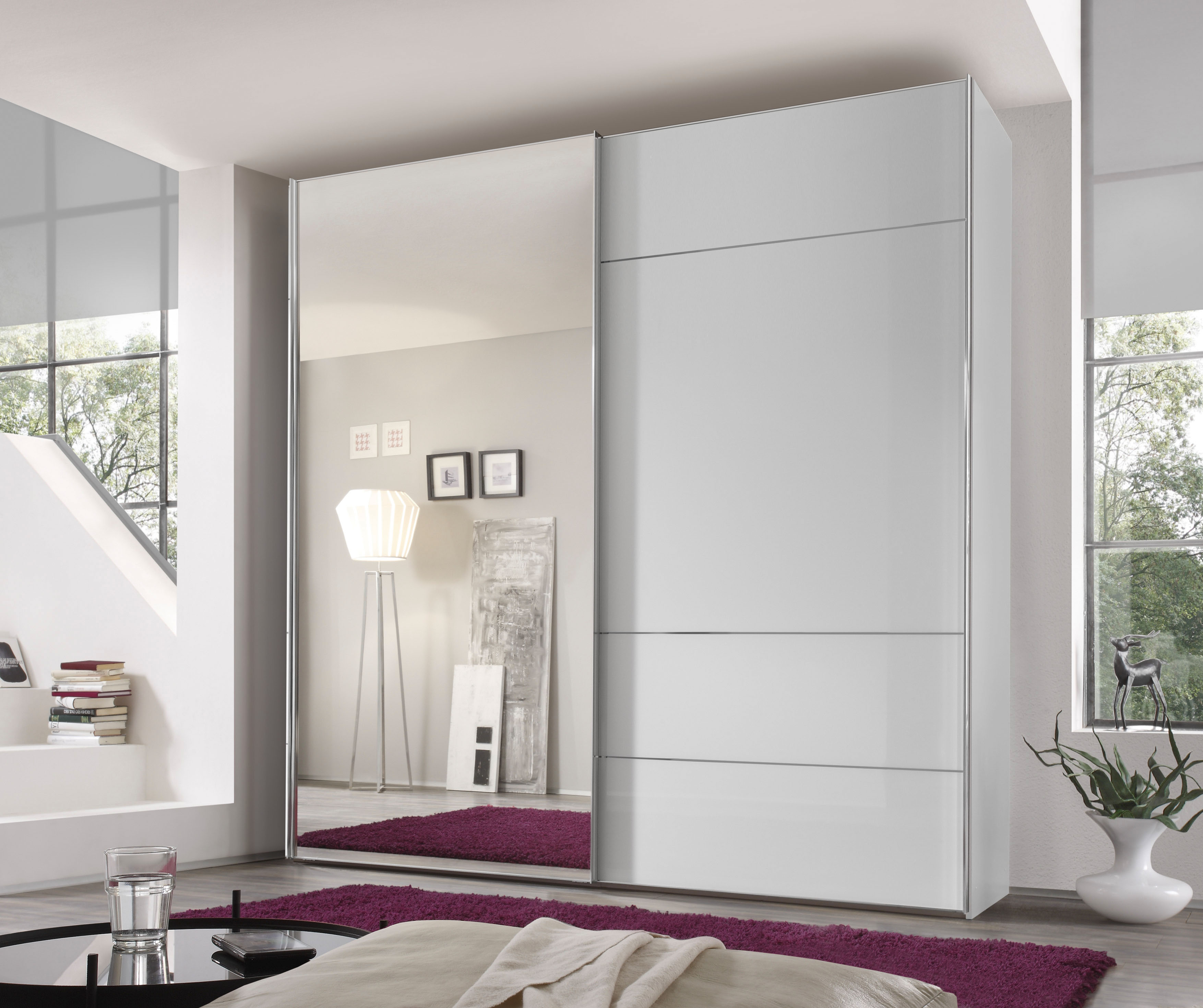 Schwebetürenschrank STAUD "Sonate Lucca mit Spiegel, Made in Germany", weiß (alpinweißglas), B:225cm H:222cm T:68cm, Holzwerkstoff, Schränke, Schwebetürenschrank, Mit vier verschiedenen Ausstattungsvarianten Image