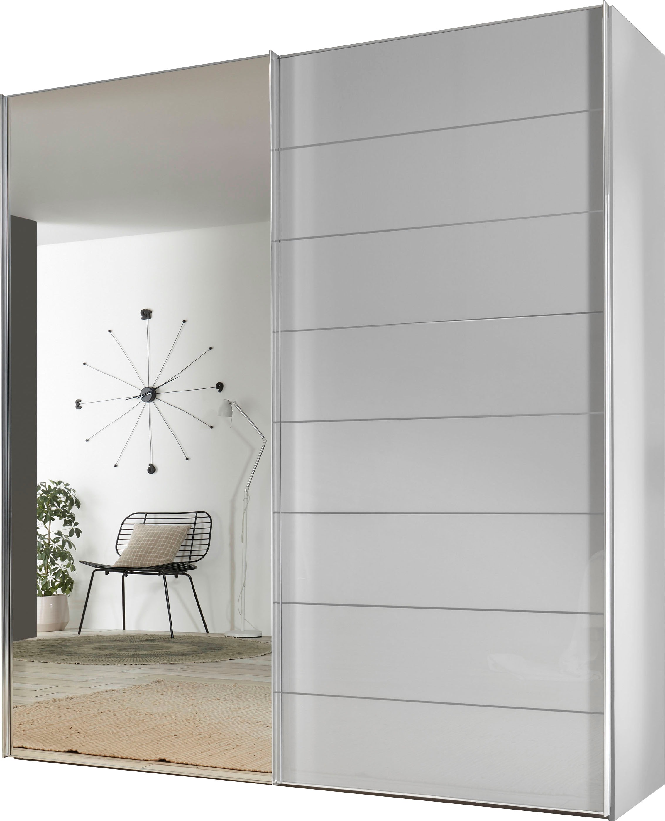 Schwebetürenschrank STAUD "Sonate Como mit Spiegel, Made in Germany", weiß (alpinweißglas), B:188cm H:240cm T:68cm, Holzwerkstoff, Schränke, Mit vier verschiedenen Ausstattungsvarianten Image