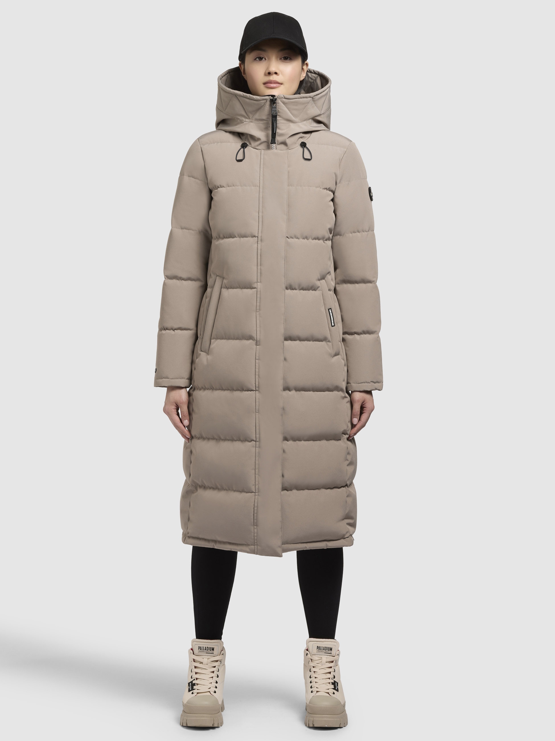 Steppmantel KHUJO "DEVION", Damen, Gr. S, beige (graubeige), 85% Polyester, 15% Baumwolle, unifarben, regular fit knielang, eingesetzt Rippbündchen mit Windstopper, Mäntel Image