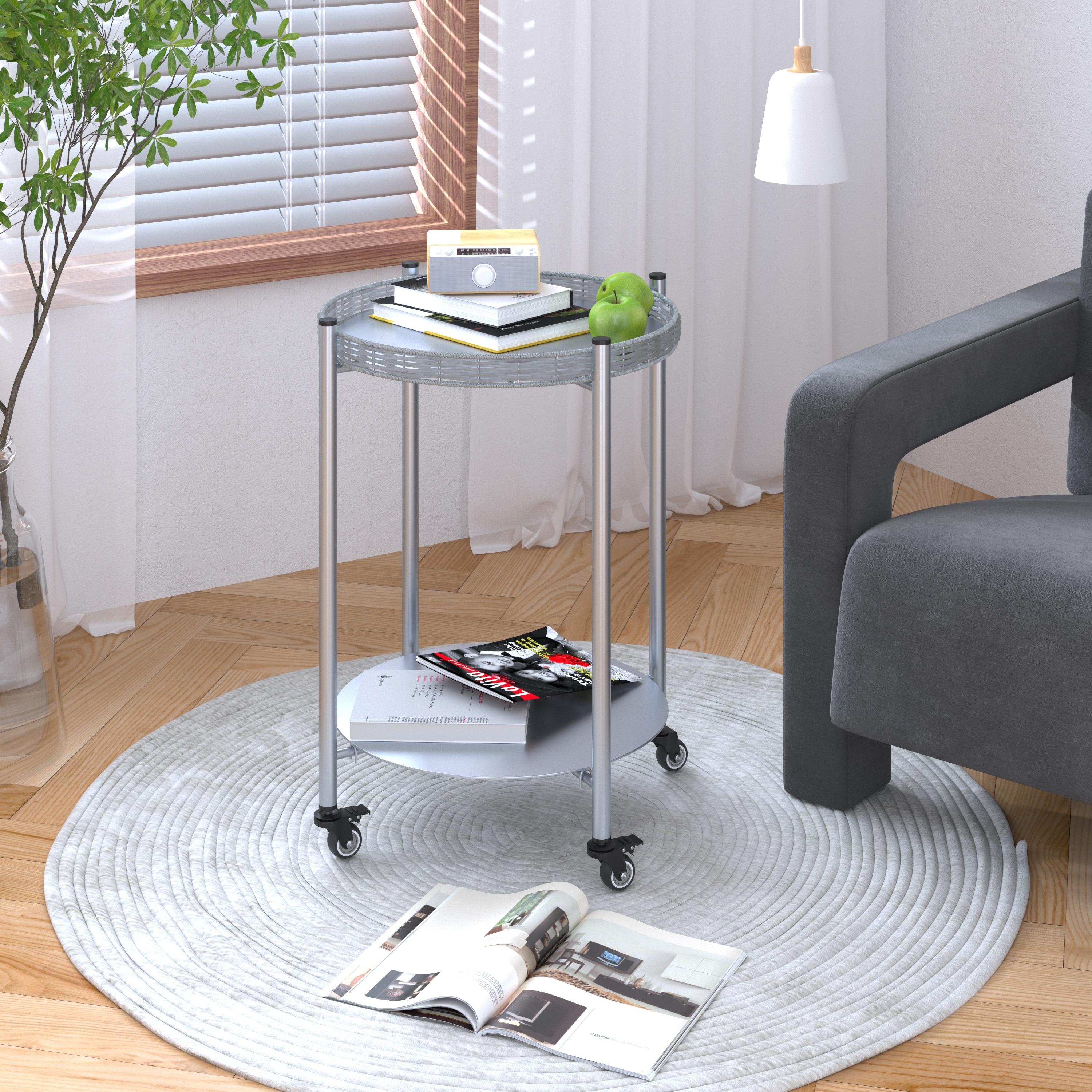 Round Coffee Table with Wheels 2-Tier Movable Silver Metal Bedside Nightstand Sofa Side Table