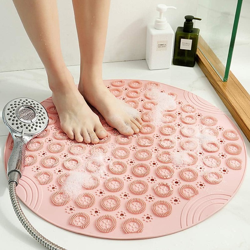 Shower Mat, Round Shower Stall Mat, PVC Bathtub Mat, Non Slip Bath Mat with Suction Cups and Drain Holes, Machine Washable for Bathroom Bathtub Swimming Pool