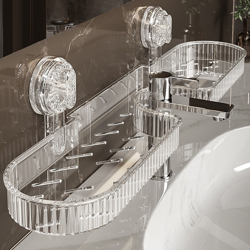 Clear Plastic Wall-Mounted Bathroom Organizer Shelf with Suction Cups No-Drill Removable Design Under-Sink Shelf Perfect for Vanity, Shower Bathroom Essentials, Bathroom Organizers