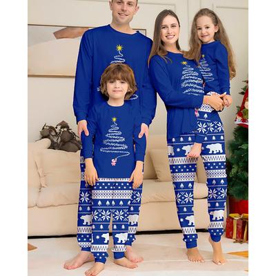 Family Christmas Pajamas Christmas Pattern Home Print Red Blue Long Sleeve Active Matching Outfits
