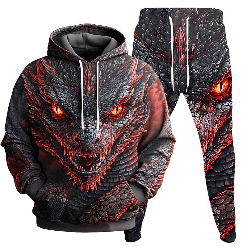 Men's Dragon 2pcs 3D Sweatshirt Sets Tracksuit Hoodie Sweatshirt Long Sleeve Long pants Hooded Casual Daily Athleisure 3D Print Spring Fall Winter Red