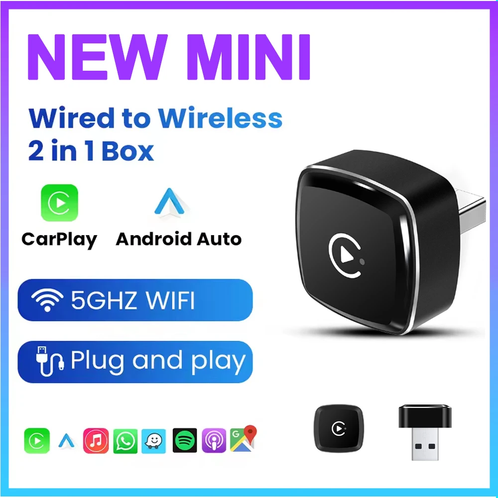 2in1 Ultra Mini Wireless CarPlay Adapter Wireless Android Auto AI Smart Box Intelligente Systeme für kabelgebundenes CarPlay Car Image