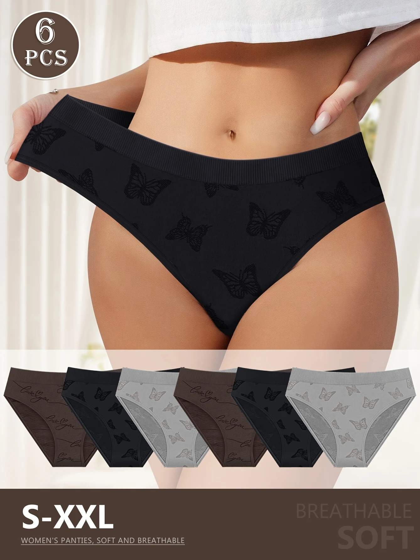 6er-Set Damenhöschen mit niedrigem Bund und stilvollem Schmetterlingsmuster, romantisch gepaart, aus 90 % Nylon für Image