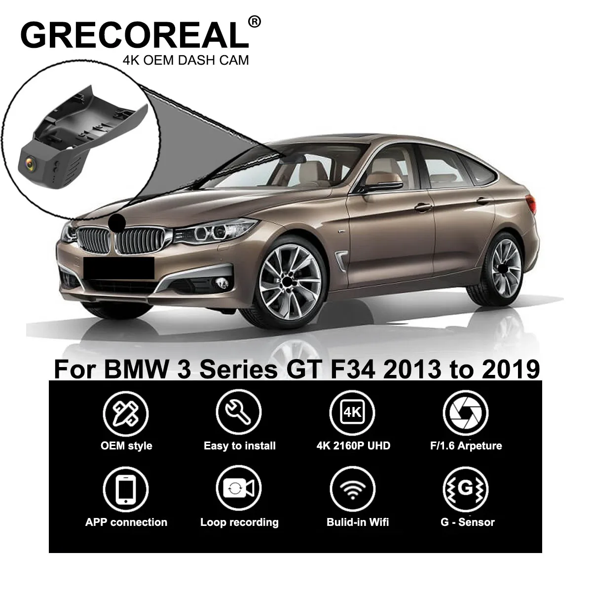GRECOREAL 4K Dash Cam vorne und hinten 2160P WiFi Auto Dual Dashcam APP Control Plug Play kompatibel mit BMW 3er GT F34 Image