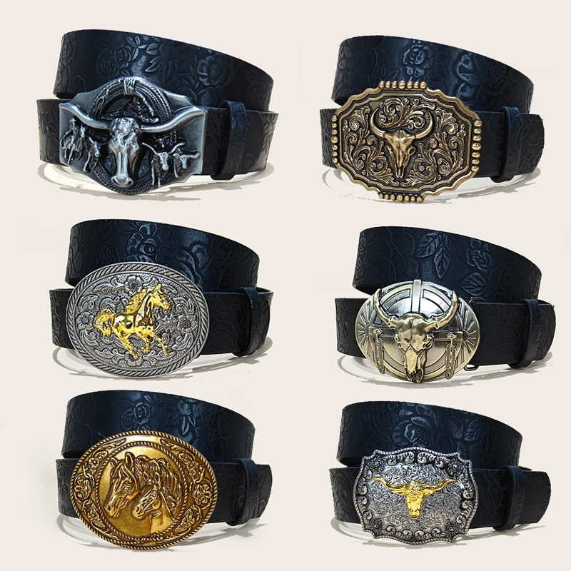 Western Cowboy Ledergürtel Longhorn Bull Schnalle Muster Floral gravierter Gürtel für Männer Gothic Accessoires Jeans Bund männlich Image
